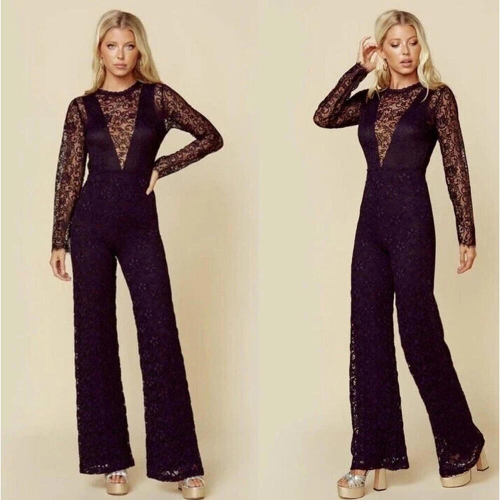 Free People x Nightcap Serata Black Lace short sleeveOpen Back Jumpsuit S $495 - Picture 2 of 8